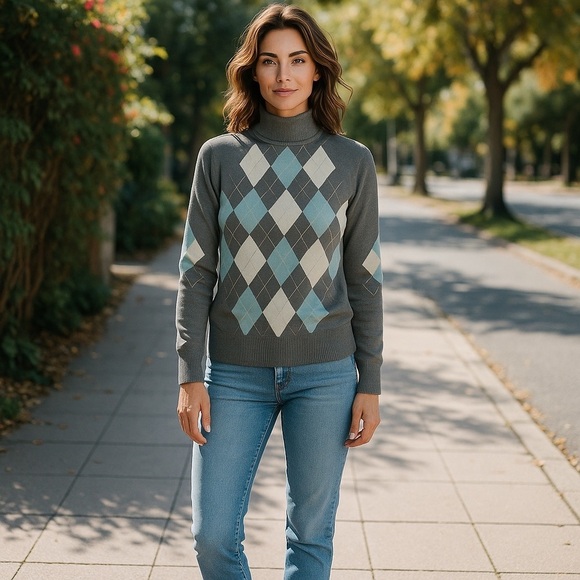 PENDLETON ARGYLE MERINO WOOL GRAY AQUA TURTLENECK SWEATER - Picture 1 of 16